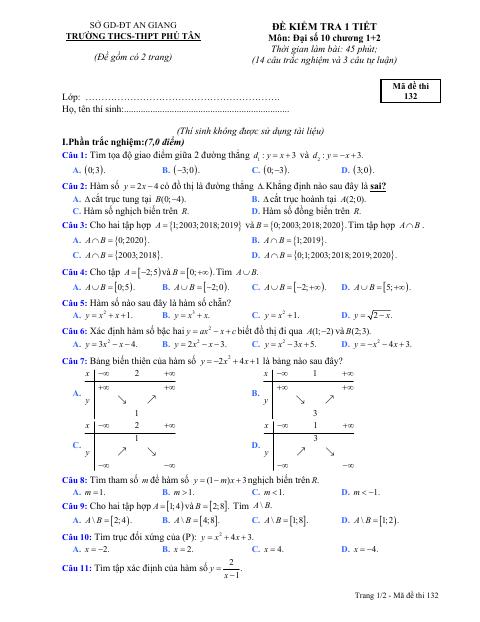 Đề kiểm tra 1 tiết Đại số 10 chương 1 – 2 năm 2018 – 2019 trường Phú Tân – An Giang